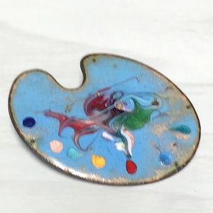Vintage Copper Enamel painted artist paint palette pin/brooch.